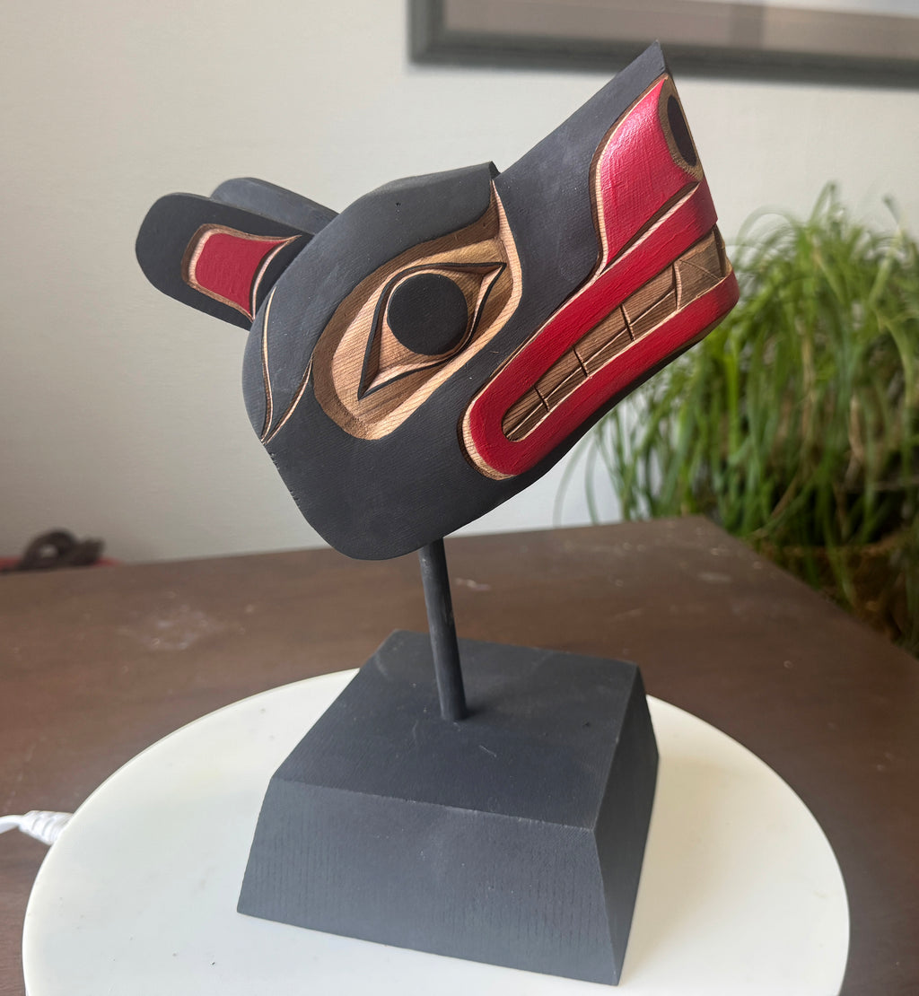 Northwest Coast First Nations art by Gilbert Dawson - Baby Wolf Maskette on Stand