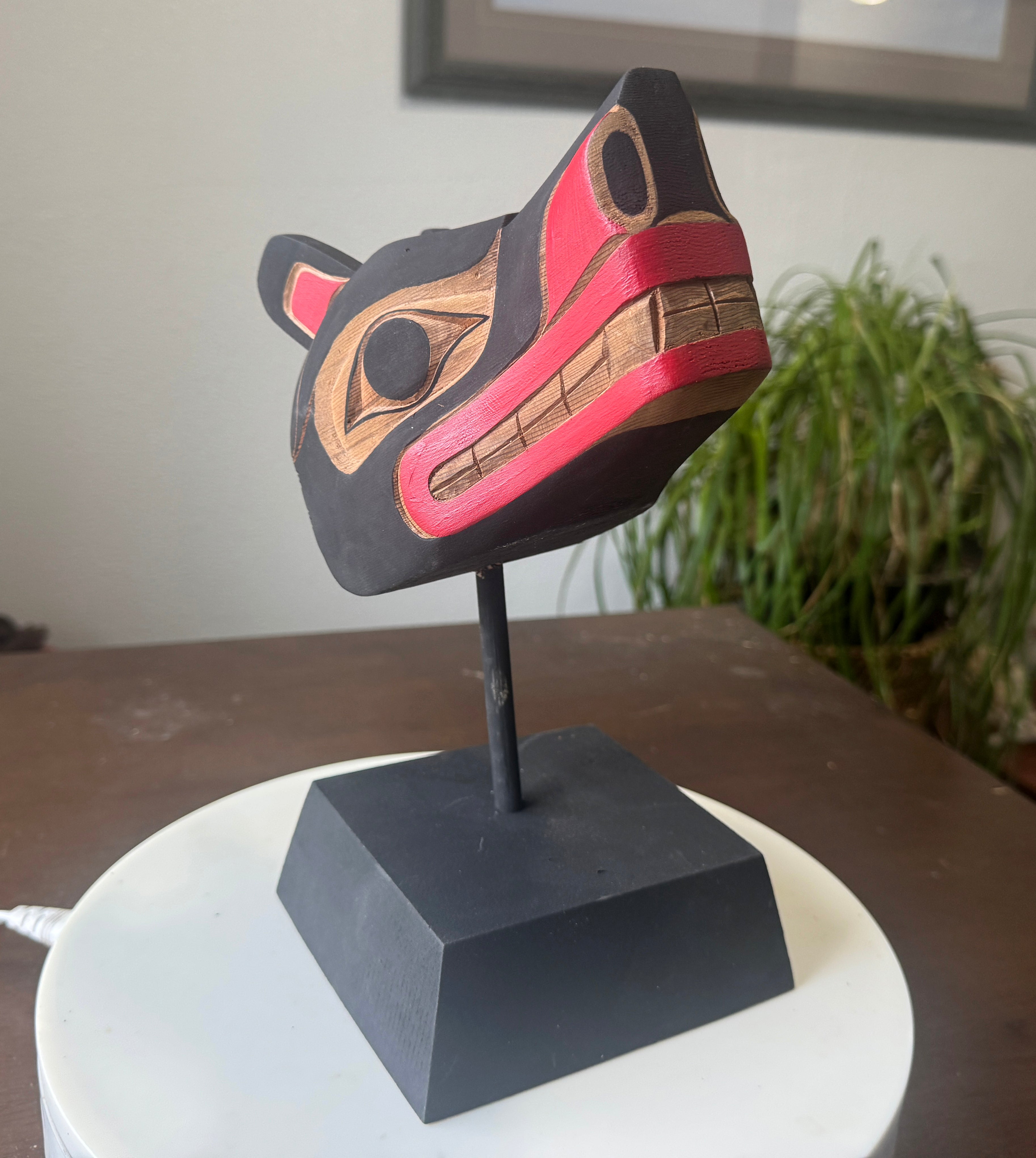 Northwest Coast First Nations art by Gilbert Dawson - Baby Wolf Maskette on Stand