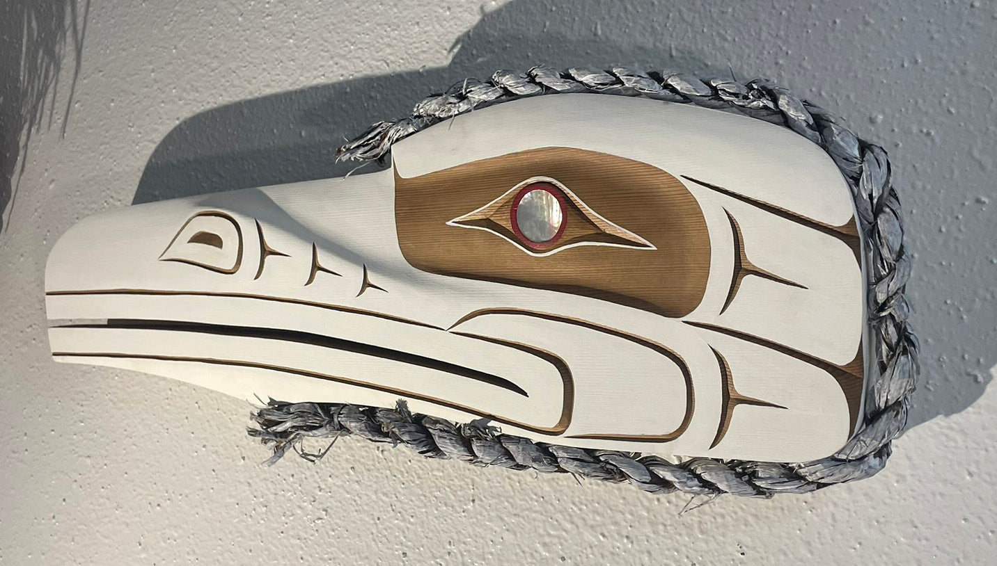 Northwest Coast Indigenous carving of a WHITE RAVEN hand carved by Morris Johnny 2026 (Copy)