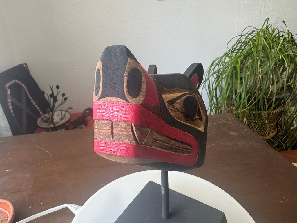 Northwest Coast First Nations art by Gilbert Dawson - Baby Wolf Maskette on Stand
