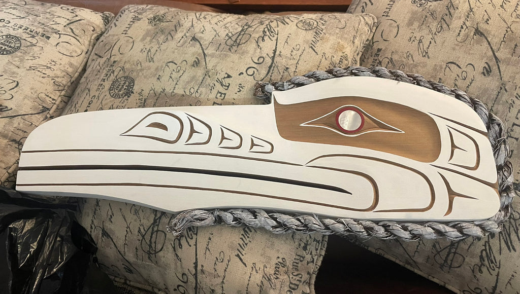Northwest Coast Indigenous carving of a WHITE RAVEN hand carved by Morris Johnny 2026 (Copy)