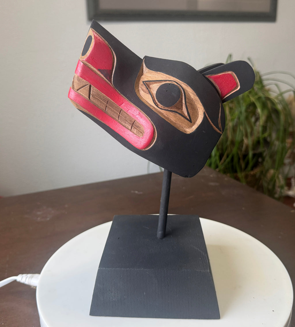 Northwest Coast First Nations art by Gilbert Dawson - Baby Wolf Maskette on Stand