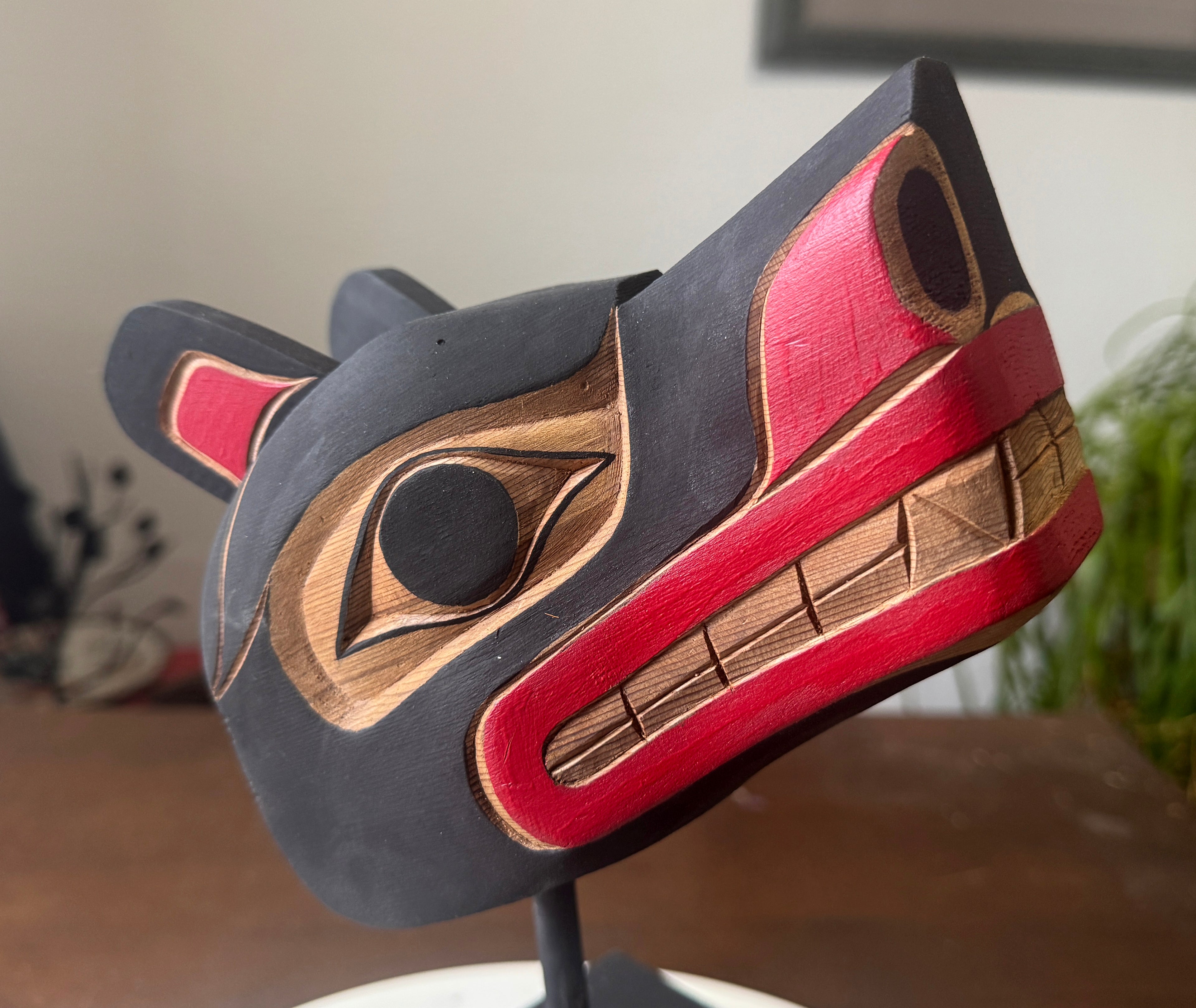 Northwest Coast First Nations art by Gilbert Dawson - Baby Wolf Maskette on Stand