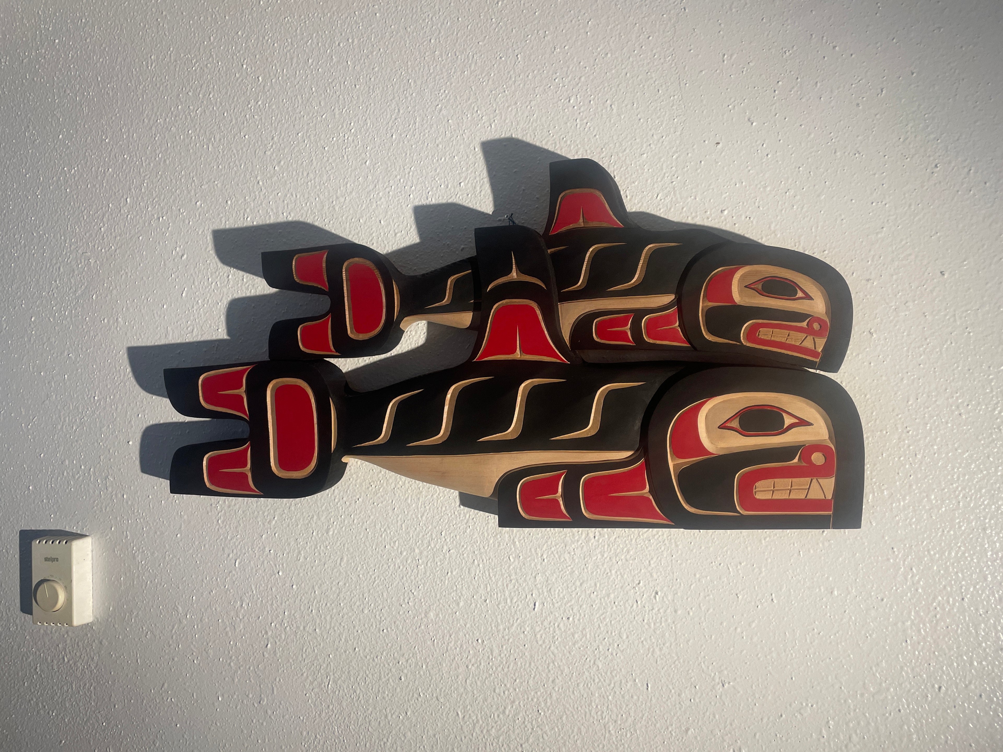Hand-carved red cedar Double Whale by Morris Johnny, Northwest Coast First Nations Art