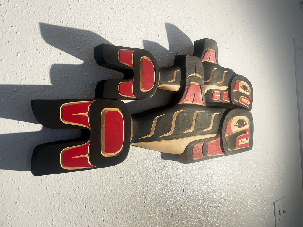 Hand-carved red cedar Double Whale by Morris Johnny, Northwest Coast First Nations Art