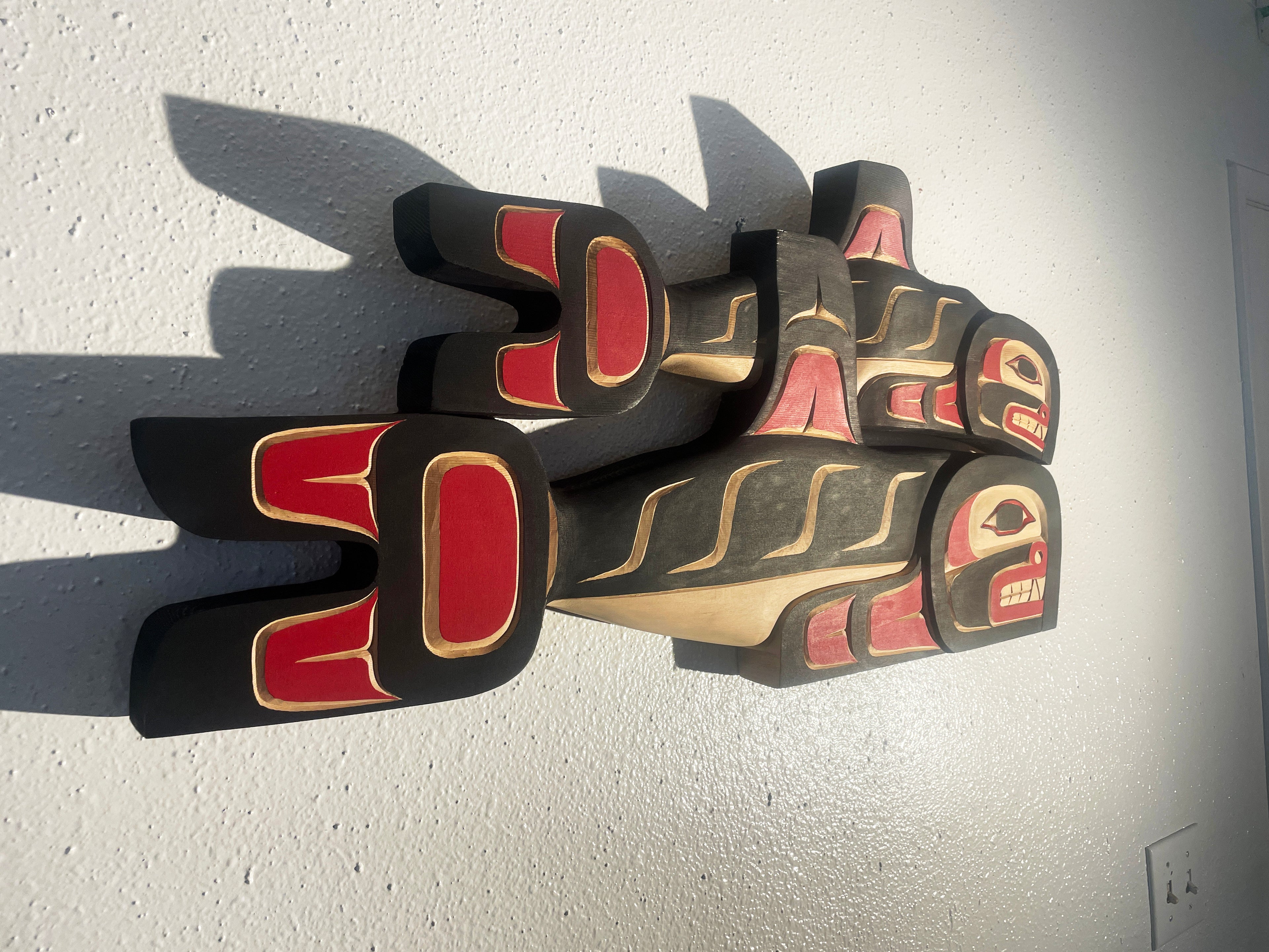 Hand-carved red cedar Double Whale by Morris Johnny, Northwest Coast First Nations Art