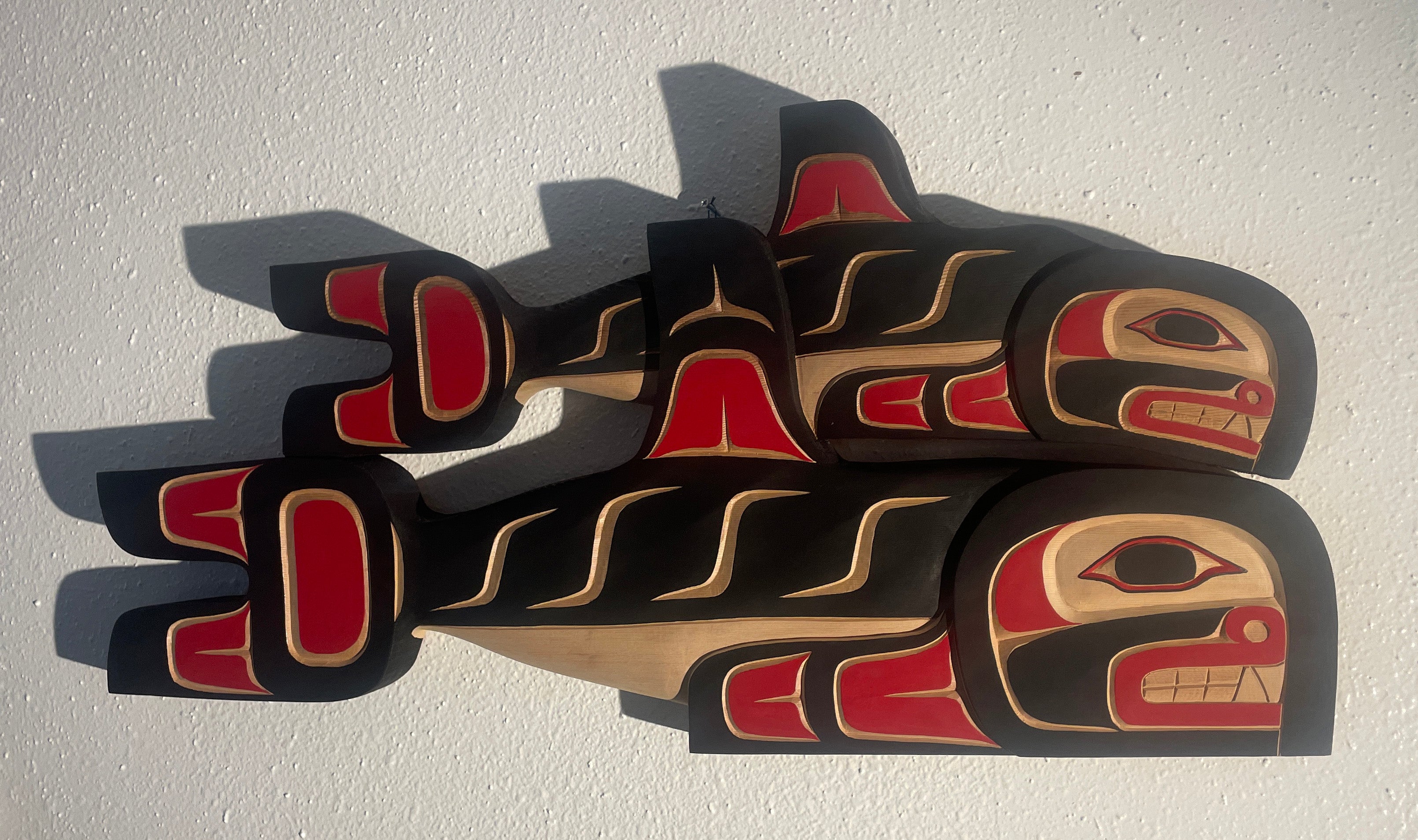 Hand-carved red cedar Double Whale by Morris Johnny, Northwest Coast First Nations Art