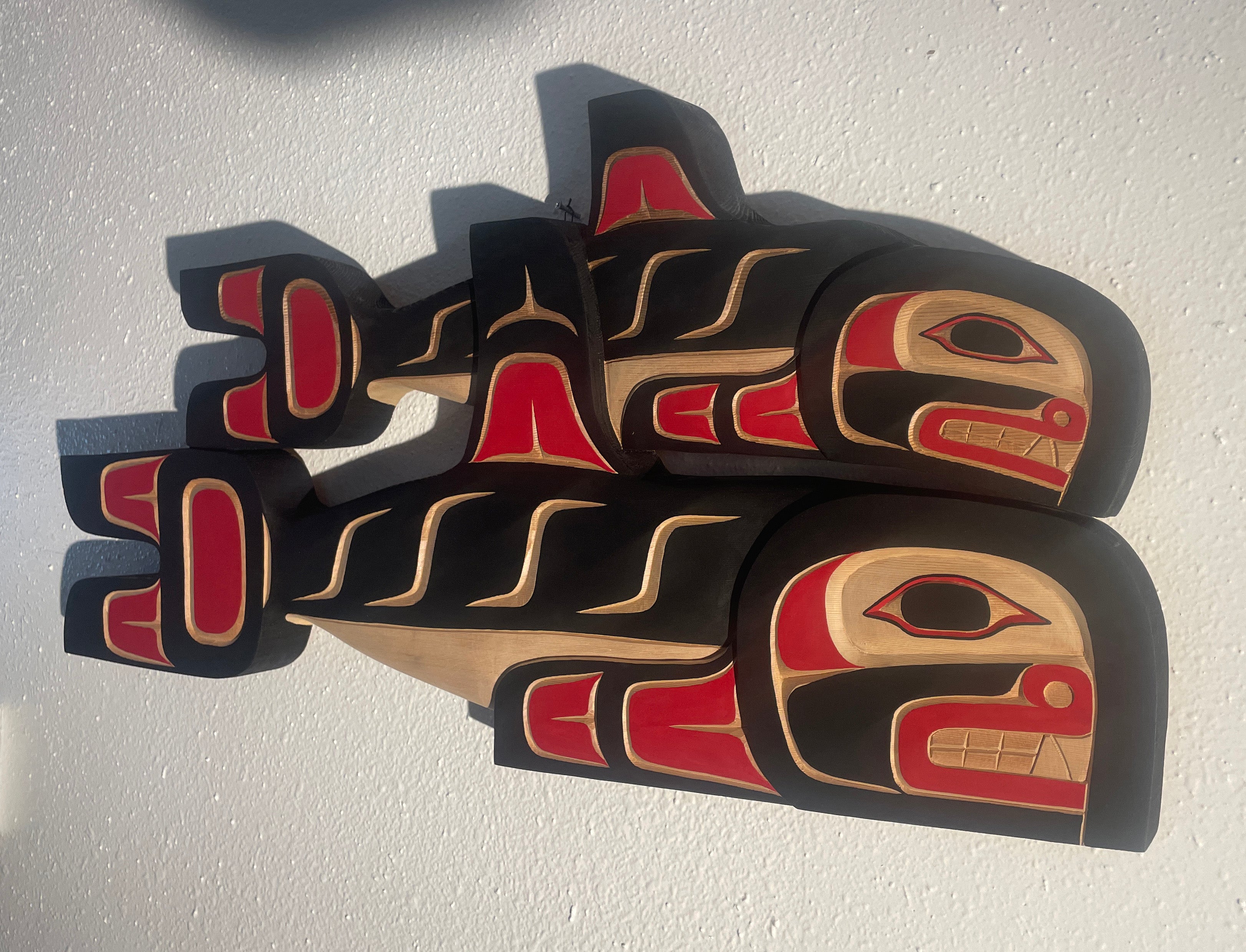 Hand-carved red cedar Double Whale by Morris Johnny, Northwest Coast First Nations Art
