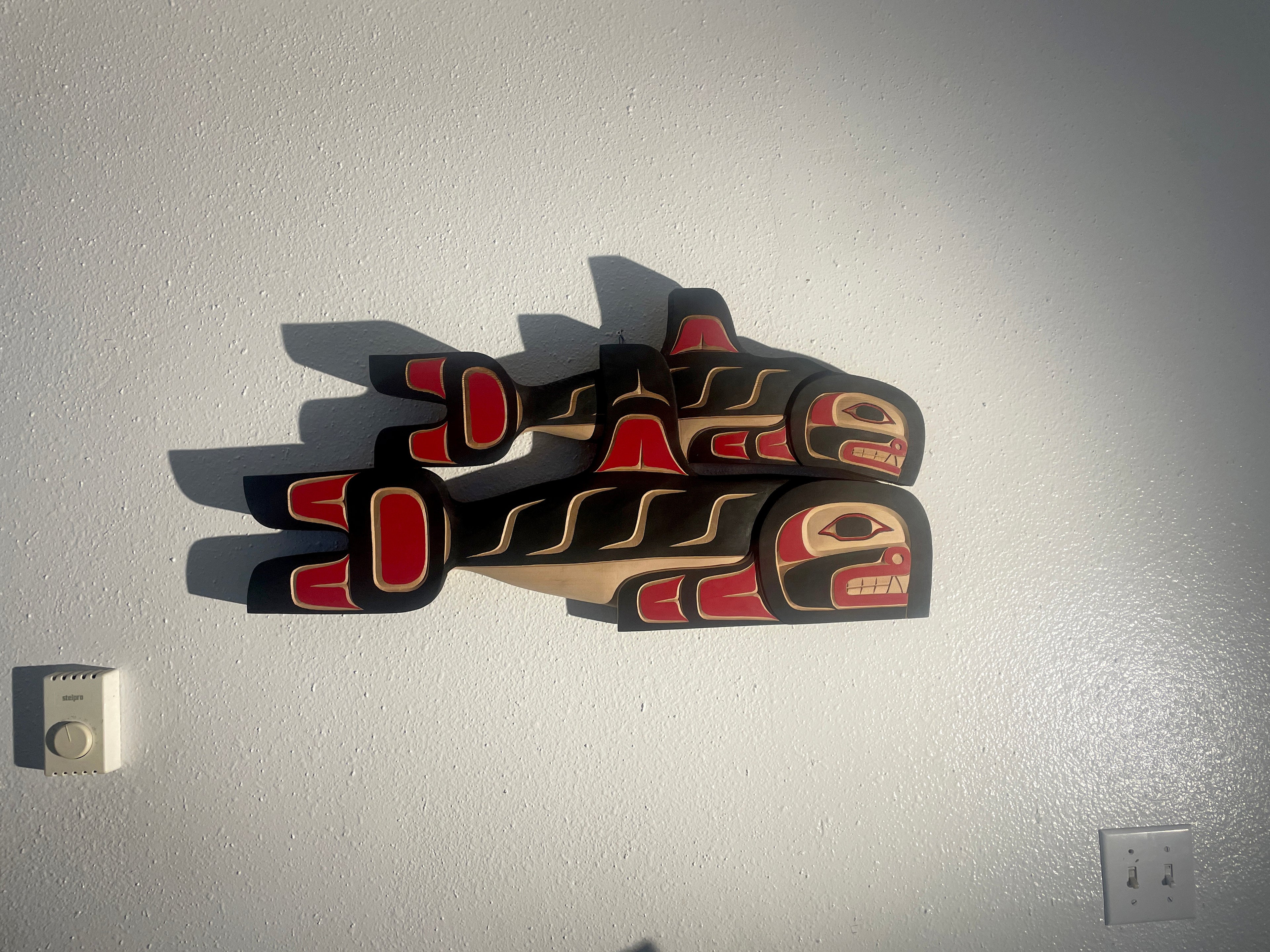 Hand-carved red cedar Double Whale by Morris Johnny, Northwest Coast First Nations Art