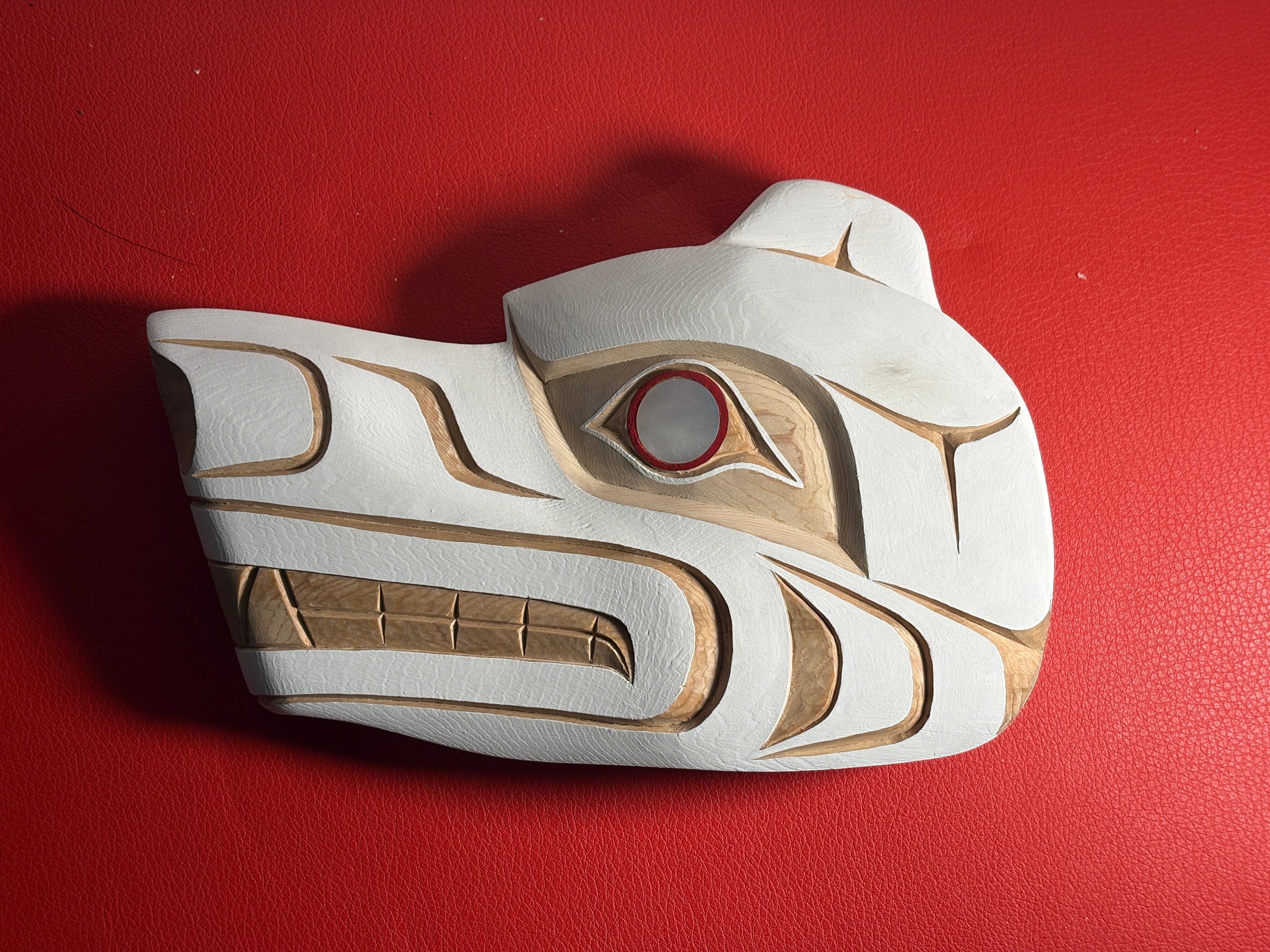 Northwest Coast Indigenous carving of a hand carved SPIRIT BEAR by Morris Johnny 2026