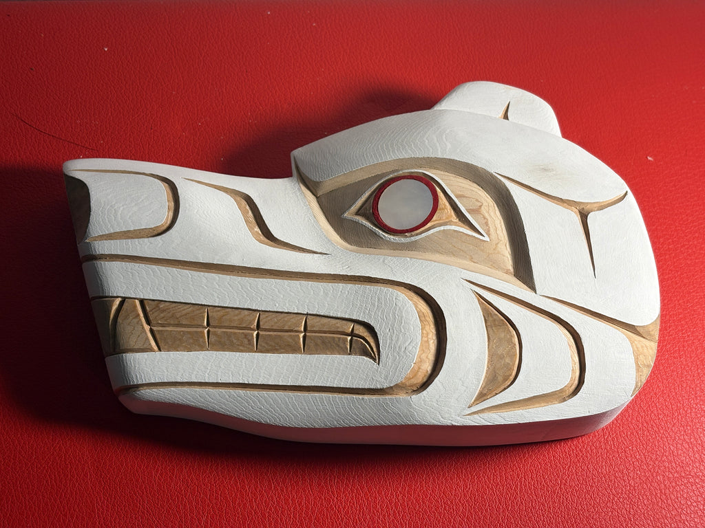 Northwest Coast Indigenous carving of a hand carved SPIRIT BEAR by Morris Johnny 2026