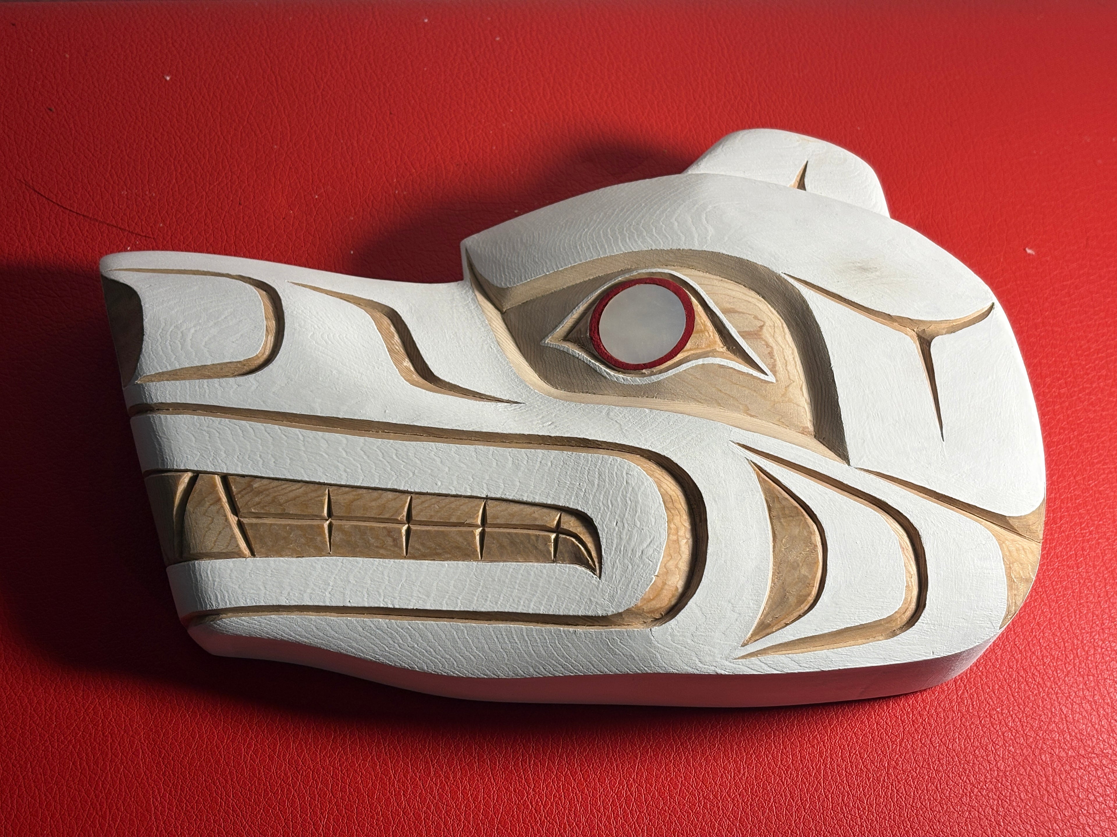Northwest Coast Indigenous carving of a hand carved SPIRIT BEAR by Morris Johnny 2026