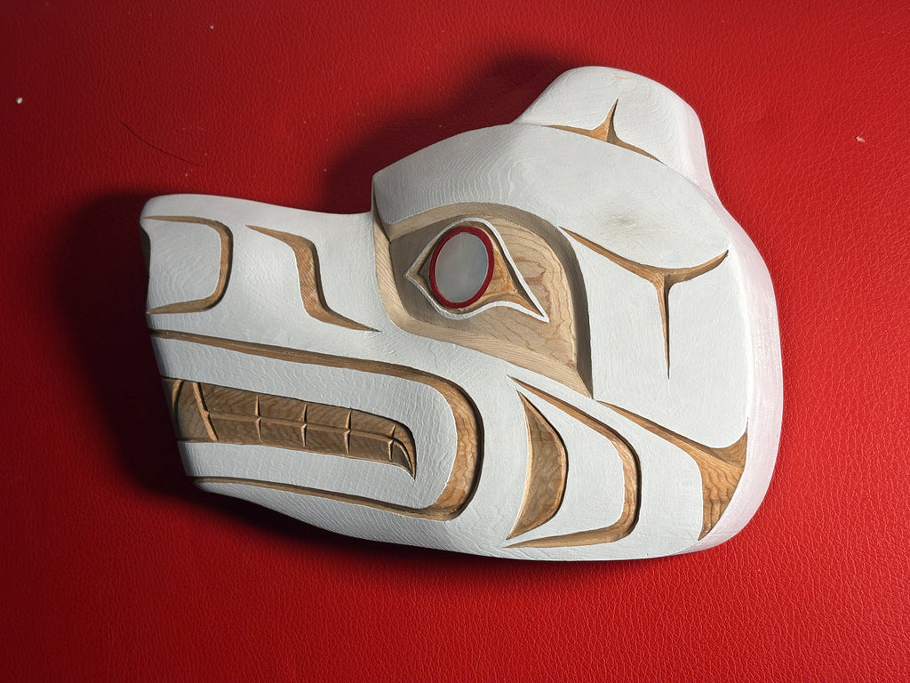 Northwest Coast Indigenous carving of a hand carved SPIRIT BEAR by Morris Johnny 2026