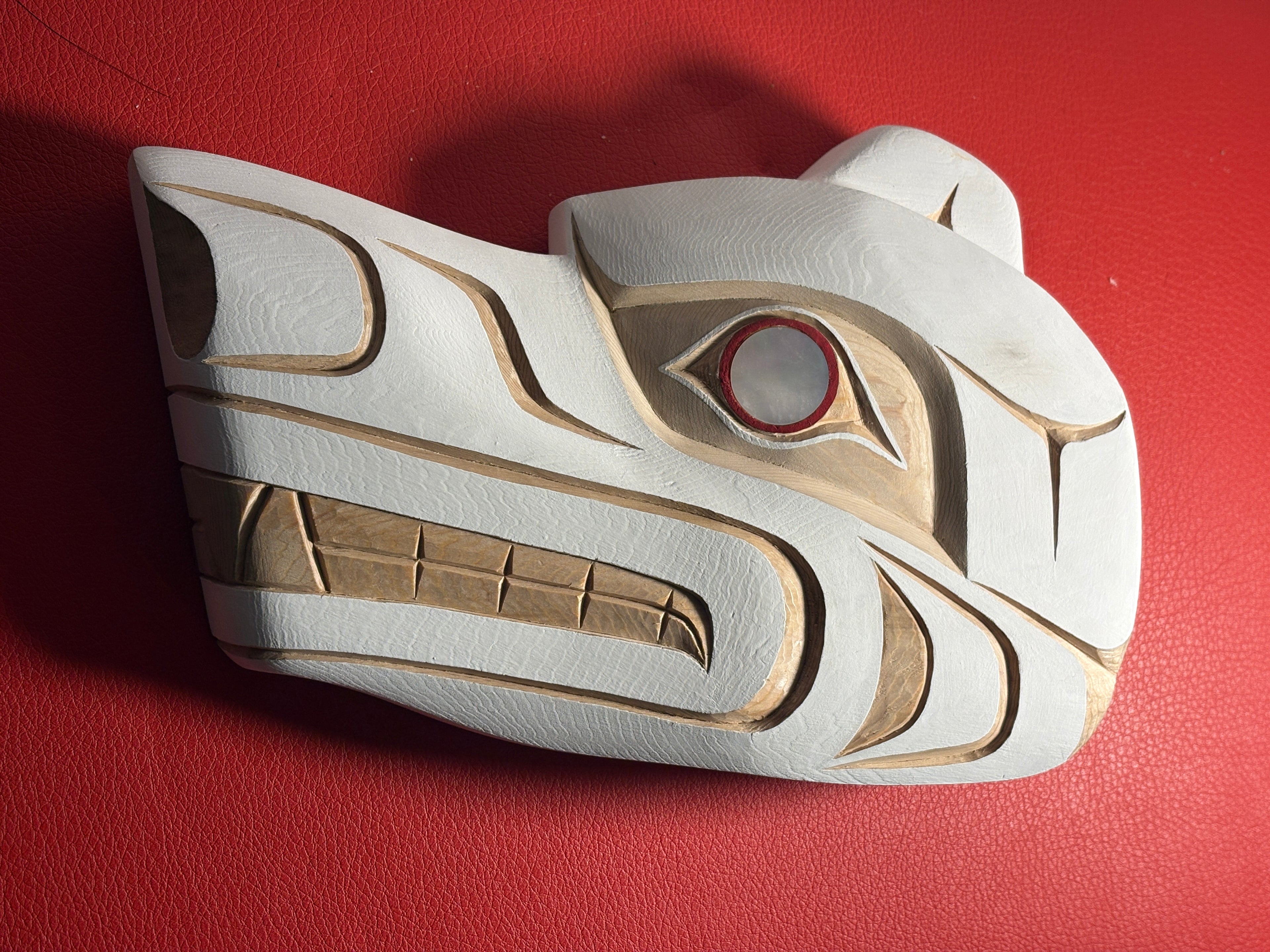 Northwest Coast Indigenous carving of a hand carved SPIRIT BEAR by Morris Johnny 2026