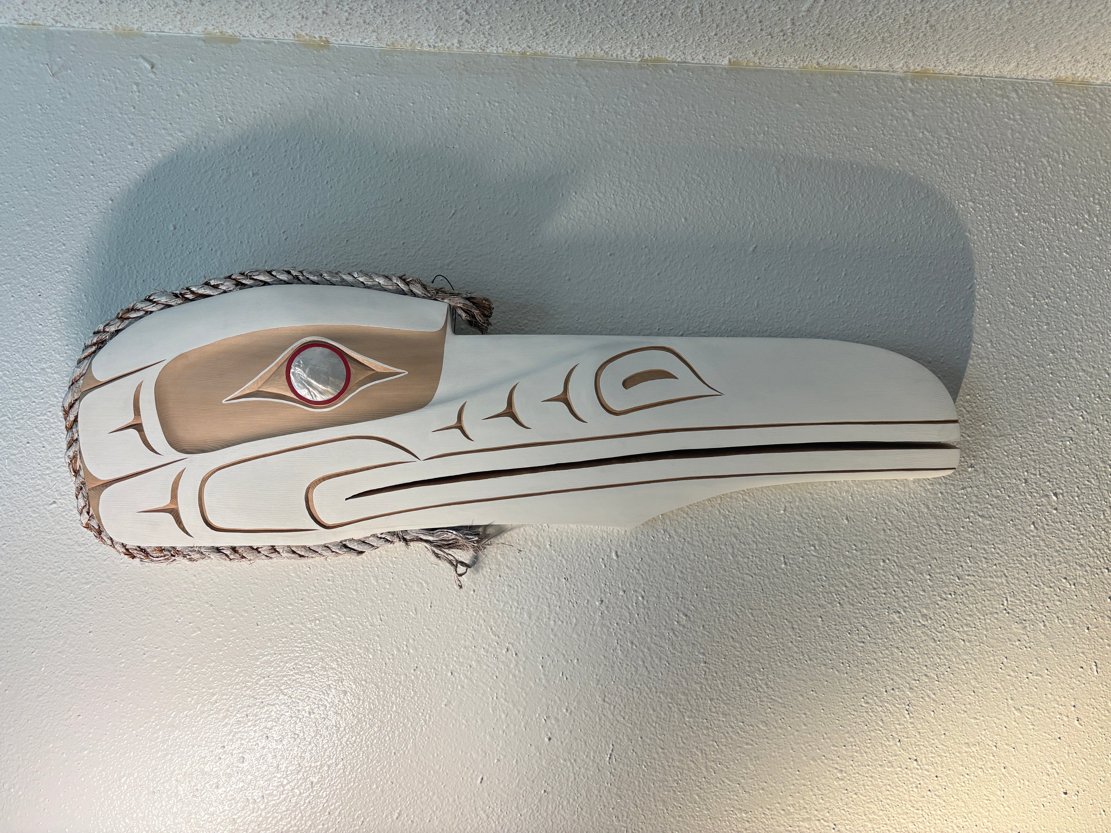 Northwest Coast Indigenous carving of a WHITE RAVEN hand carved by Morris Johnny 2026 36 inches