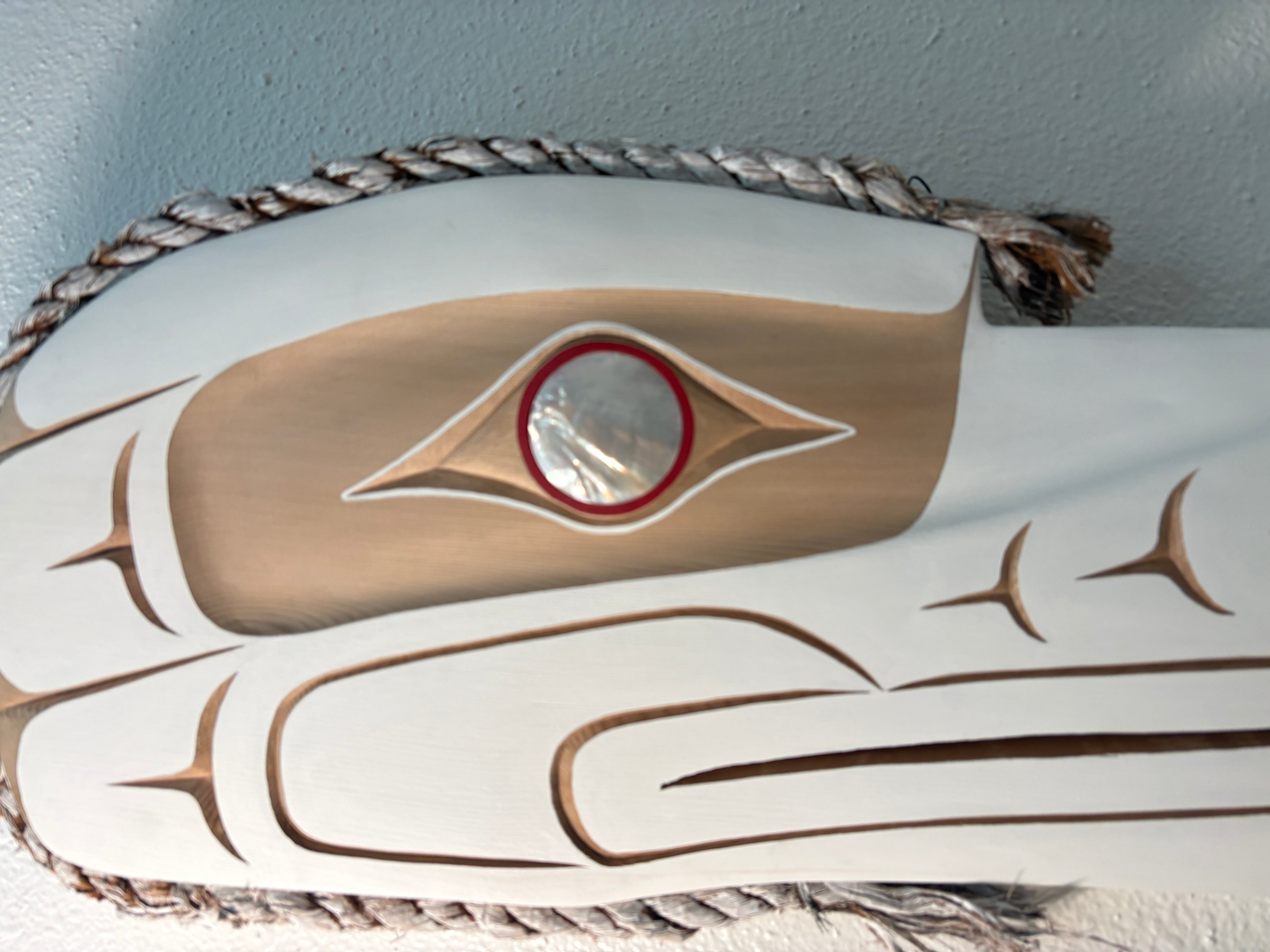 Northwest Coast Indigenous carving of a WHITE RAVEN hand carved by Morris Johnny 2026 36 inches