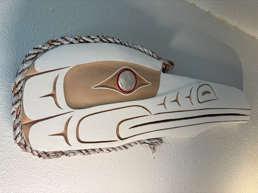 Northwest Coast Indigenous carving of a WHITE RAVEN hand carved by Morris Johnny 2026 36 inches