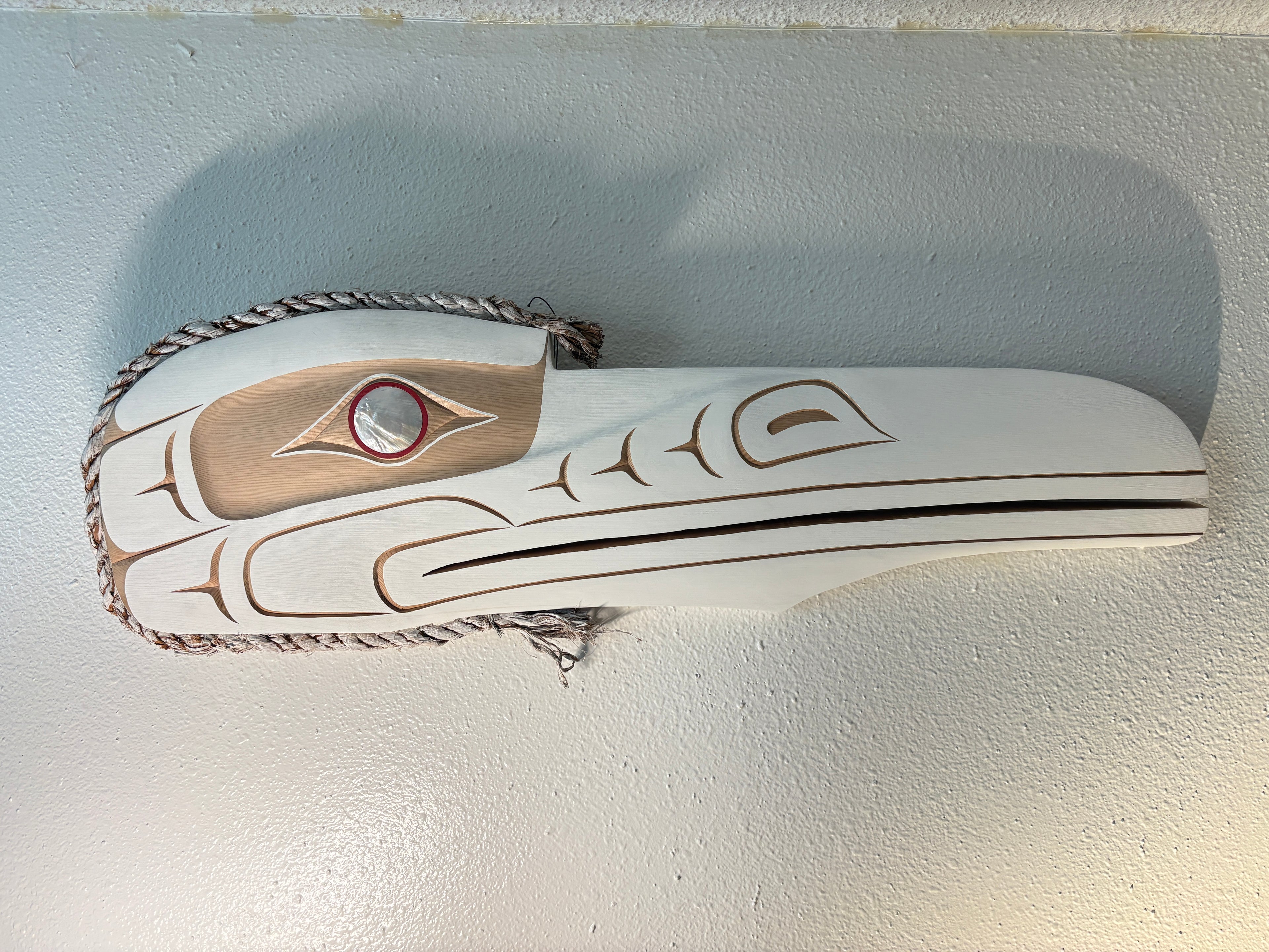 Northwest Coast Indigenous carving of a WHITE RAVEN hand carved by Morris Johnny 2026 36 inches