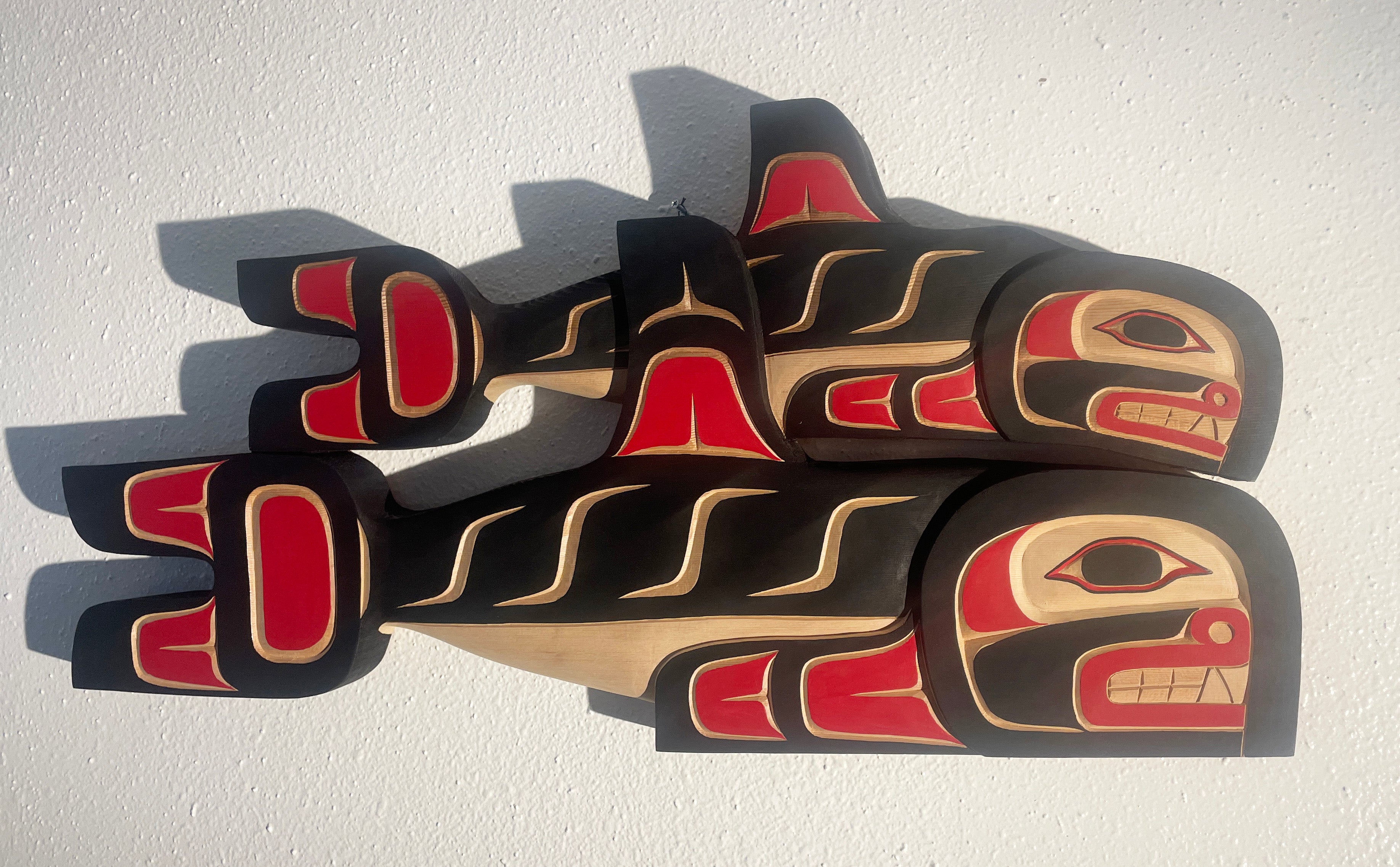 Hand-carved red cedar Double Whale by Morris Johnny, Northwest Coast First Nations Art